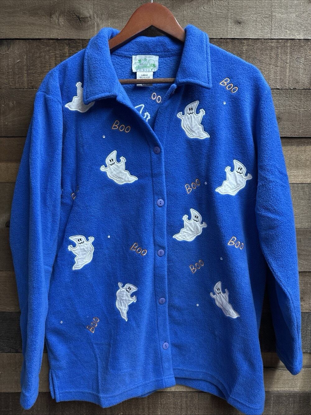 Quacker Factory Halloween Blue Ghost Fleece Top Jacket Shirt Embellished L - Picture 1 of 10